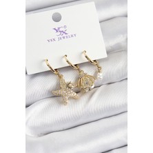 Evyora Pirinç Zirkon Taşlı Deniz Yıldızı ve Istiridye Model Gold Renk 3'lü Kadın Küpe