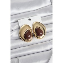 Evyora Pirinç Gold Renk Kahverengi Taşlı Damla Model Vintage Kadın Küpe