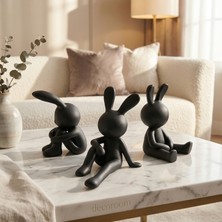 3'lü Set Mat Siyah Tavşan Figürlü Dekoratif Modern Biblo Seti Salon Konsol Objesi