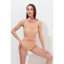 Lovekini Bendis Nude Swimsuit Pink Chiffon Flowers Straps