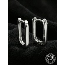 Roza Silver 925 Ayar Gümüş Rodyum Kaplama Dikdörtgen Huggie Halka Küpe - Orta Boy (2mm En)