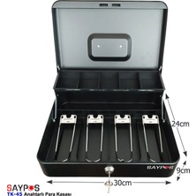 Saypos Metal Para Kasası Taşıma Kulplu 4 Banknot 5 Madeni Para Bölmeli Üstten Açılır Para Kutusu 30x24x9cm