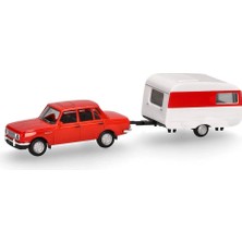 Herpa 028585 1/87 Ölçek, 1982 Wartburg ve Çekme Karavan, Turuncu-Beyaz, Sergilemeye Hazır Model Araç