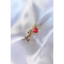 Evyora Gold Renk Kırmızı Zirkon Taş Kalp Model Pirinç Kadın Yüzük