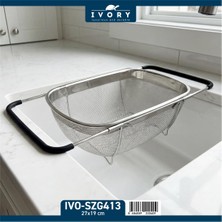 Ivory Evye Üstü Açılır Kapanır Kulplu Paslanmaz Çelik Süzgeç - Katlanabilir Saplı Pratik Mutfak Süzgeci 27X19