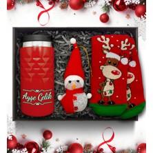 As Gift Yılbaşı Temalı Kişiye Özel Kırmızı Termos & Kardan Adam & Çorap Hediye Seti