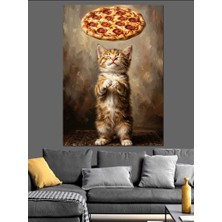 Artmeg Pizza Bekleyen Sevimli Kedi Figürü Dekoratif Kanvas - Mdf Ahşap Tablo