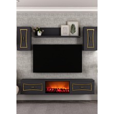 Cantek Dizayn TV0063-0063-TXA150-32 Şömineli Duvara Montaj Tv Ünitesi Takımı Antrasit-Altın