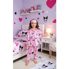 Alyakids Kız Çocuk Desenli Düğmeli Pijama Takımı Göz Bandı Dahil