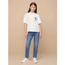 Alyakids Kız Çocuk Stitch Karakterli %100 Pamuklu Rahat Kalıp Beyaz Tişört