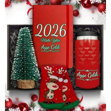 As Gift Yılbaşı Temalı Kişiye Özel Kırmızı Termos & Çam Ağacı  & Defter & Çorap Hediye Seti