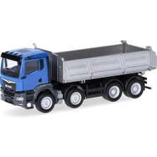 Herpa 319140 1/87 Ölçek, Man Tgs Nn 4 Akslı Damperli Kamyon, Mavi-Gümüş, Sergilemeye Hazır Model Araç