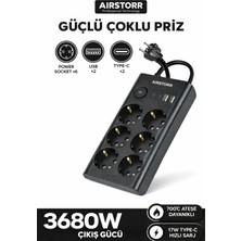 Airstorr Ps2 6’lı Priz 2 USB 2 Type-C Hızlı Şarj 3680W Anahtarlı Güvenli Priz