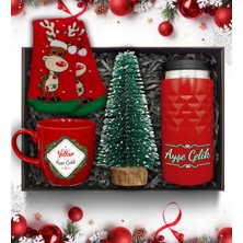 As Gift Yılbaşı Temalı Kişiye Özel Kırmızı Termos & Kırmızı Kupa &  Çam Ağacı & Çorap Hediye Seti