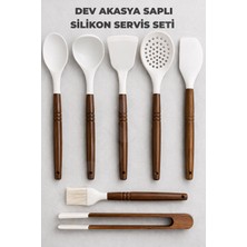 Destpak 7 Parça Silikon Servis Seti - Akasya Saplı Kevgir Kepçe Kaşık Maşa Spatula Yumurta Fırçası Sıyırma