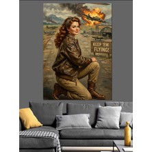 Artmeg Savaş Uçağı Önünde Pilot Kadın Dekoratif Kanvas - Mdf Ahşap Tablo