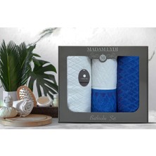 4 Parça 4'lü Jakarlı Kadife Banyo Havlu Seti|Hamam Takımı|Kutulu|Mavi-Krem