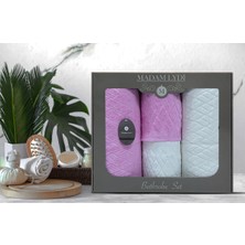 4 Parça 4'lü Jakarlı Kadife Banyo Havlu Seti|Hamam Takımı|Kutulu|Pembe-Krem