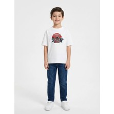 Alyakids Erkek Çocuk Beyaz Oversize Tshirt - Stranger Things Baskılı %100 Pamuklu Kısa Kollu Bisiklet Yaka