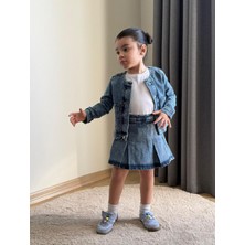 HaanBebe Kız Çocuk Fiyonk Detaylı Taş Işlemeli Denim Ceket ve Etek Takımı