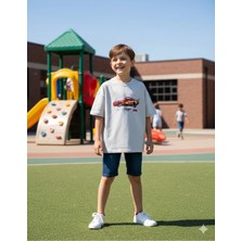 Alyakids Disney Cars Şimşek Mcqueen Baskılı Erkek Çocuk Gri Oversize Tişört - %100 Pamuk