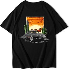 Brz Collection Unisex Siyah Oversize Desert Sunset T-Shirt Kısa Kol Günlük Stil Orta Kalınlık