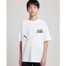 Alyakids Unisex Çocuk Beyaz Penguen ve \"but Why?\" Yazılı Baskılı Pamuklu Tişört