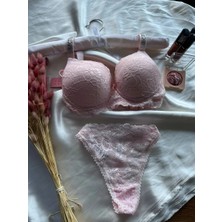 Nivene Dantelli Lastiği Taşlı Balenli Destekli string Iç Çamaşırı Takımı Romantik takımı Pembe