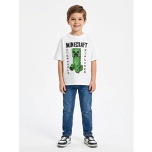 Alyakids Erkek Çocuk Beyaz Minecraft Karakter Baskılı Oversize %100 Pamuklu Tişört