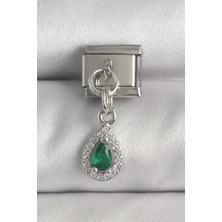 Evyora 316L Çelik Gümüş Renk Sallantı Yeşil Zirkon Taşlı Damla Model Nomination Charm