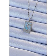 Evyora 316L Çelik Zincir Gümüş Renk Mavi Mineli Tarot Kolye