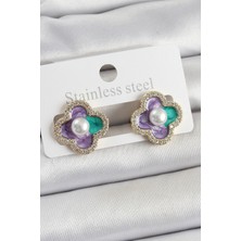 Evyora Pirinç Mor Mineli Inci Detaylı Zirkon Taşlı Sanatsal Portre Yonca Model Gold Renk Kadın Küpe