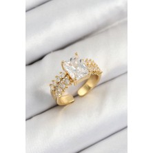 Evyora Pirinç  Büyük Zirkon Taşlı Model Gold Renk Kadın Yüzük