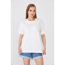 Hdm Kadın Ekru Basic Oversize %100 Pamuklu Rahat Kesim Günlük Tişört - H6041