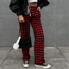 Kırmızı Üzerine Siyah Ekoseli Ince Kaşmir Pamuklu Eşofman