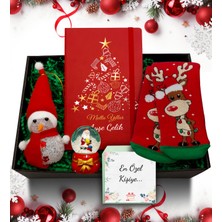 As Gift Yılbaşı Temalı Kişiye Özel Kırmızı Defter & Kar Küresi & Kardan Adam & Çorap Hediye Seti