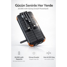 FaroxTech 20.000 Mah Güneş Enerjili Powerbank - 4 Panelli & Dahili Kablolu El Fenerli Taşınabilir Şarj Cihazı
