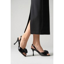 Fiore Ayakkabı Velin Esnek Yumuşak Kaymaz Taban (8 Cm) Siyah Rugan El Yapımı Gül Detaylı Kadın Topuklu Ayakkabı