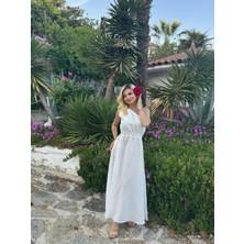 Fehu Bloom Beli Lastikli Tek Omuz Midi Elbise Beyaz