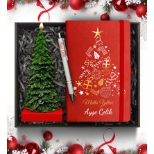 As Gift Yılbaşı Temalı Kişiye Özel Kırmızı Defter & Çam Ağacı Mum & Beyaz Kalem Hediye Seti