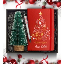 As Gift Yılbaşı Temalı Kişiye Özel Kırmızı Defter & Çam Ağacı  & Beyaz Kalem Hediye Seti