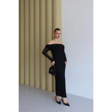 Fehu Bloom Siyah Kayık Yaka Güpür Desenli Elbise