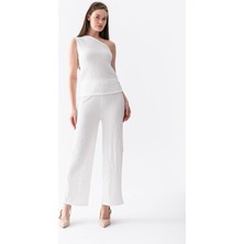 Wega Moda Yazlık Gofre Kumaş Tek Kol Asimetrik Bluz Bol Pantolon Takım Rahat Kesim Kombin -  Alt Üst Takım