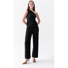 Wega Moda Yazlık Gofre Kumaş Tek Kol Asimetrik Bluz Bol Pantolon Takım Rahat Kesim Kombin -  Alt Üst Takım