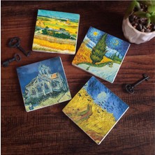 Hasat Manzarası, Yıldızlı Yol, Buğday Tarlası ve Kargalar, Kilise Taş Bardak Altlığı Seti - 4 Parça - Dekoratif, Rustik Mutfak Aksesuarı, 10X10 Cm, Kaydırmaz Tabanlı SC225