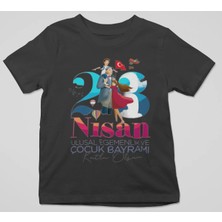 Ontunew Bisiklet Yaka Pamuklu Kısa Kollu 23 Nisan Baskılı Erkek ve Kız Çocuk T-Shirt