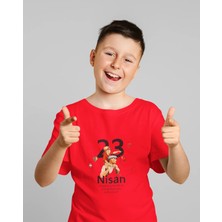 Ontunew 23 Nisan Baskılı Bisiklet Yaka Pamuklu Kısa Kollu Erkek ve Kız Çocuk Tişört