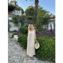 Fehu Bloom Bej Askılı Keten Dokulu Astarlı Elbise