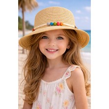 Aydın Şapkacınız Yazlık Boncuk Süslemeli Premium Lüks Hasır Kız Çocuk Şapka (48 Cm) (4-8 Yaş)