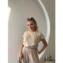 Fehu Bloom Bej Asimetrik Kesim Crop Pantolon Takım